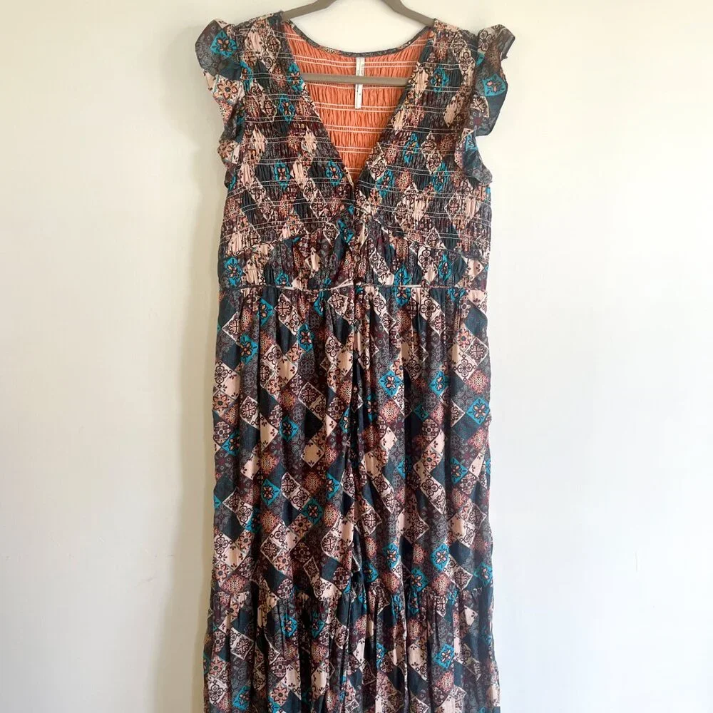 Anthropologie Smocked Ruffle Peregrine Midi Dress Turquoise Patch XL - Picture 3 of 14